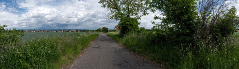 Obraz premium A paved path winds through a rural landscape, bordered by tall grasses and trees, showcasing a tranquil view of a distant town.