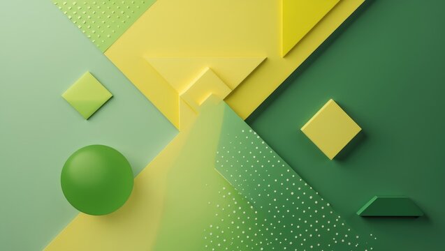 Colorful geometric shapes with green, yellow, and dark green tones, including spheres and cubes, arranged on a diagonally divided background.