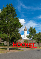 Red lettering Höchst in front of the castle, Frankfurt, Germany