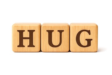 Wooden blocks spelling HUG on white background