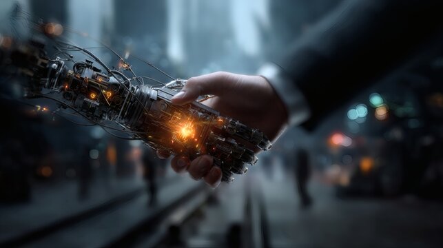 Humanoid robot shaking hands with business executive technology partnership AI collaboration future workforce innovation concept 