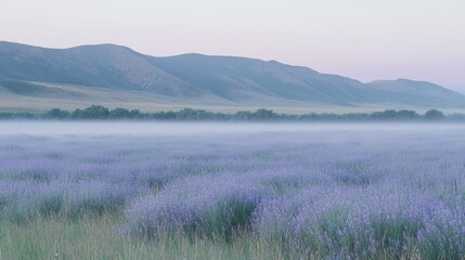 Fototapeta premium Serene Lavender Field with Mountain Backdrop at Dawn, Tranquil Nature Scene for Relaxation and Landscape Photography