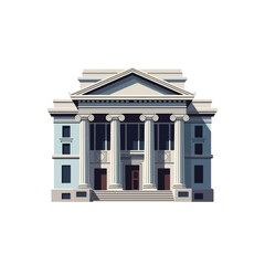 Classical building with columns and pediment, featuring a grand entrance and symmetrical architecture, isolated on a white background.