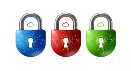Colorful metallic locks shimmer with circuit patterns, ideal for security branding, technology posters, or digital backgrounds.