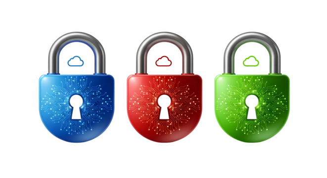 Colorful metallic locks shimmer with circuit patterns, ideal for security branding, technology posters, or digital backgrounds.