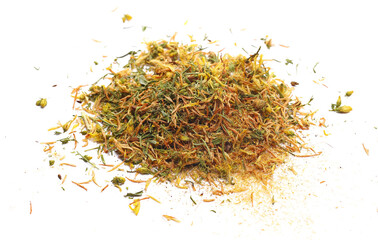 Dried Saint John's wort flowers (Hypericum perforatum) isolated on white background, side view