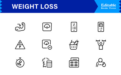 Weight Loss line icon set with modern minimal style, professional health and fitness collection, unique slimming and diet vector icons for clean visual communication, sleek design