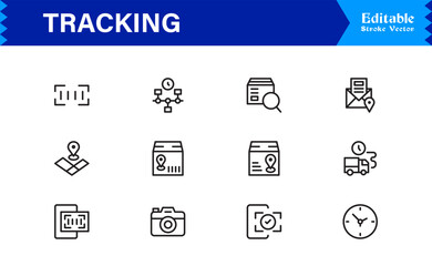 Tracking line icon set featuring pixel-perfect, editable vector graphics. Includes professional, modern, and minimal designs ideal for logistics and location services.