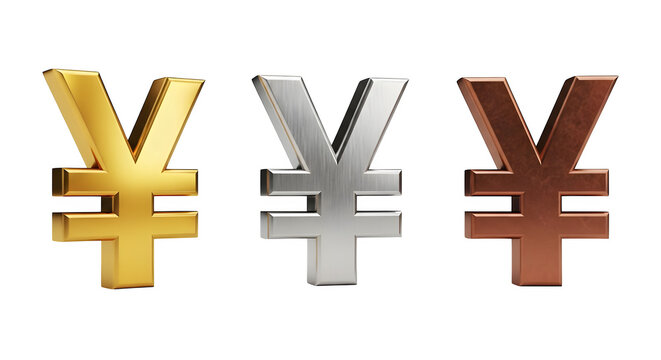 Gold, silver, bronze Yen symbols shine, 3D rendering provides a branding surface, use for finance ads, website backgrounds, and social media posters.