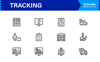 Tracking line icon set featuring pixel-perfect, editable vector graphics. Includes professional, modern, and minimal designs ideal for logistics and location services.