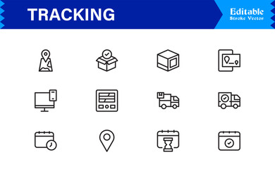 Tracking line icon set featuring pixel-perfect, editable vector graphics. Includes professional, modern, and minimal designs ideal for logistics and location services.