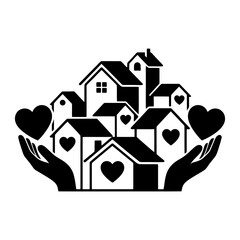 Hands holding houses with hearts isolated on white background, community concept