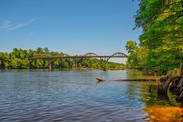 Fototapete Wald Fluss A serene Coosa river flows gently under a clear blue sky, while historic Wetumpka bridge arches gracefully overhead. Lush greenery lines the banks, enhancing the peaceful atmosphere on this sunny day.  © BJ Ray