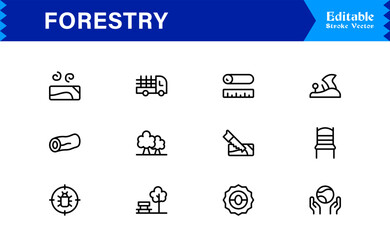 Professional Forestry Line Icon Pack Featuring Modern Minimal Trees, Leaves, Woods, and Nature Elements with Clean Outline Design for High-Quality Digital Projects