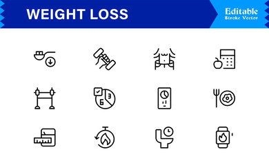 Weight Loss line icon set with modern minimal style, professional health and fitness collection, unique slimming and diet vector icons for clean visual communication, sleek design