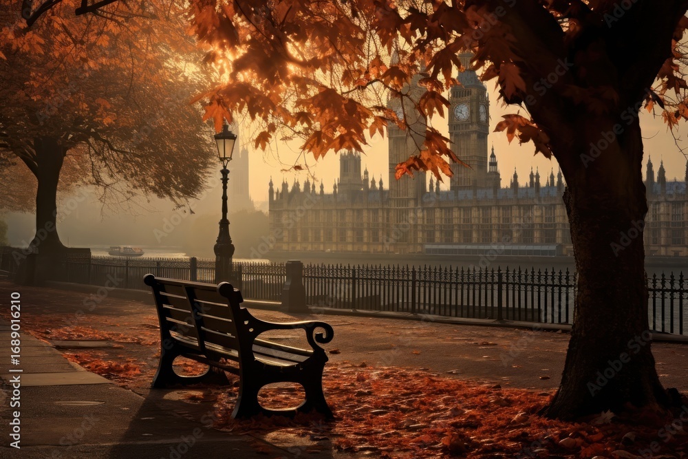 Poster Autumn architecture building bench.