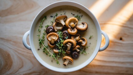 Cooked mushrooms in a white bowl garnished with herbs on a wooden surface.