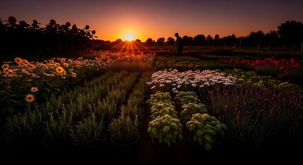 A vibrant sunset illuminates a vast nursery of colorful flowers and plants, arranged in neat rows.