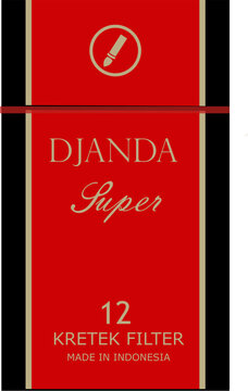 A bold red and gold cigarette pack design featuring "Djanda Super" branding, 12 kretek filter sticks, and "Made in Indonesia" text, showcasing classic Indonesian tobacco packaging style.
