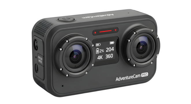 Black action camera presents product photography, showcasing tech branding, suitable for website headers, product staging, or tech presentation.