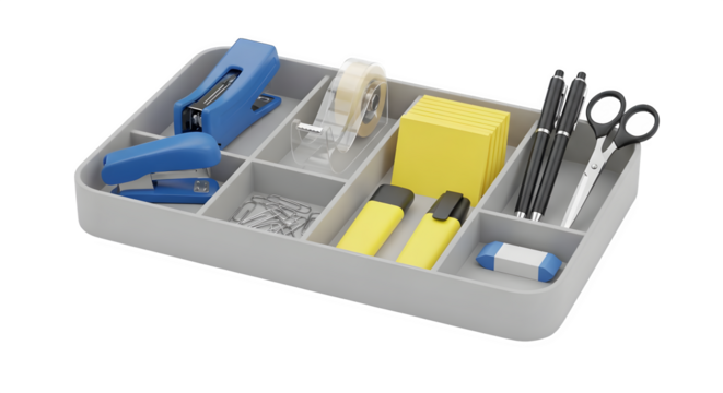 Gray desk organizer shows vibrant stationery. Perfect for product photography or office branding.