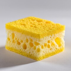 Close up of a bright yellow kitchen sponge with a textured surface and porous holes on a white background