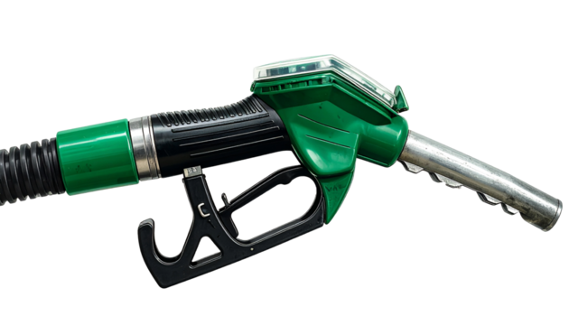Green gas pump nozzle close up showing fueling equipment and dispensing technology