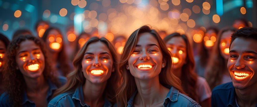 Photo realistic as People with Glowing Smiles and Joyful Expressions concept as A group of people with glowing smiles and joyful expressions set against a fantastical background offering ample space f
