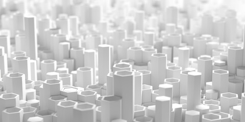 Futuristic abstract white geometric cityscape with hexagonal columns 3d render