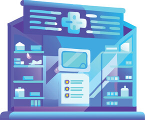 Futuristic pharmacy with glowing holographic medicine and technology displayed