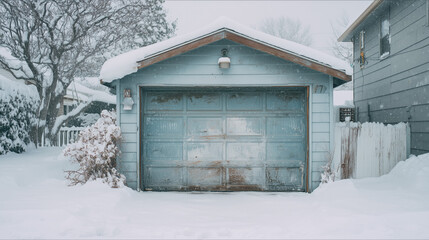 Garage door covered in snow during winter season, concept of weather and home access
