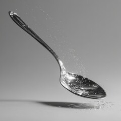 A vintage silver spoon levitating with water droplets splashing around it in a dramatic studio shot