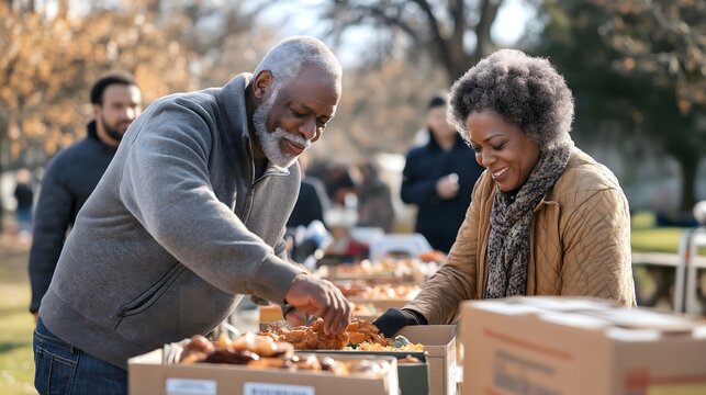 Community members engage in food distribution during autumn event