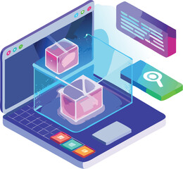 Isometric futuristic e-commerce website with glowing digital boxes and laptop screen