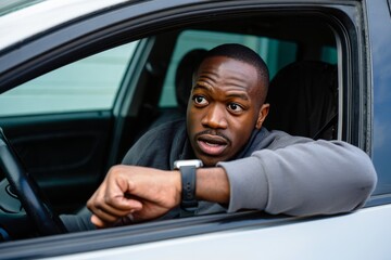 Anxious Man Looking at His Wristwatch in Car