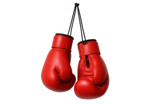Pair of red boxing gloves hanging on transparent background - Powered by Adobe