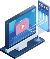 Futuristic isometric video player hologram displaying content on screen