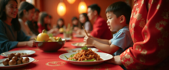 Naklejka premium Capturing the Essence of Dragon Boat Festival: A Heartfelt Family Gathering Showcasing Cultural Customs and Deep Bonds in a Warm, Refined Environment - Stock Photo Concept with Left Space