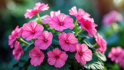 Fototapeta premium Pink flowers in bloom with green foliage background.