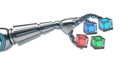 Robot arm holds colorful, glowing tech cubes against black. Great for futuristic concepts, design elements, and digital media backdrops.