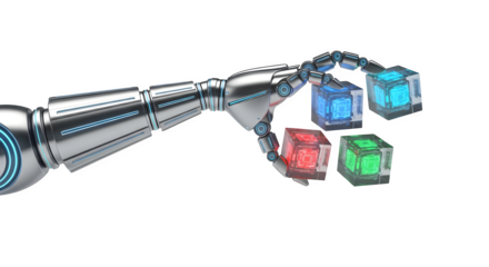 Robot arm holds colorful, glowing tech cubes against black. Great for futuristic concepts, design elements, and digital media backdrops.