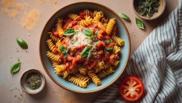 A bowl of fusilli pasta with tomato sauce and basil leaves, accompanied by a halved tomato, fresh basil, and herbs on a light surface. - Powered by Adobe
