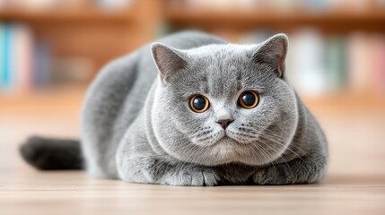 Cute Gray Cat with Big Eyes Resting on a Wooden Floor Indoor Space