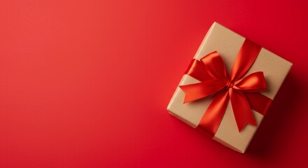 A wrapped gift box with a red ribbon and bow.