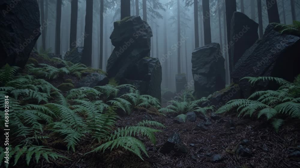 Poster mystical fog envelops a dense forest with towering trees and lush ferns, creating an enchanting and 