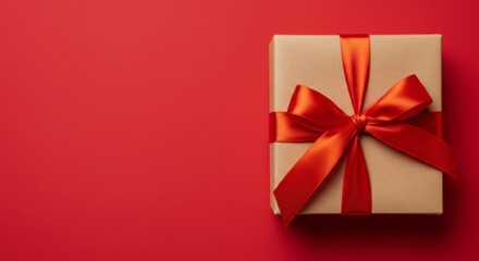 A wrapped gift box with a red ribbon and bow.