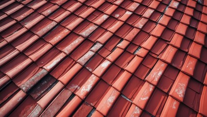 Aerial view of a tiled roof with red tiles and some patches of white dust or moss.