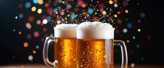 Colorful Confetti and Beer Mugs: Celebrate with Festive Bubbles and Foam in Stock Photo - Perfect for Party Themes and Beer Moments