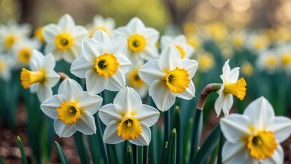 Fototapeta premium Cluster of white daffodils with yellow centers blooming in a garden setting.