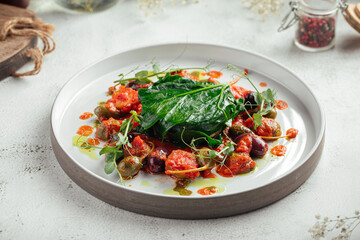 Light salad with spinach, cherry tomatoes, olives and herbs, served on a white plate in a fine-dining style